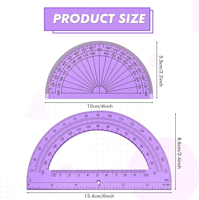 EBOOT 2 Pcs Plastic Protractor Clear 180 Degrees Transparent Protractor for Geometry, 4 Inch and 6 Inch (Purple)