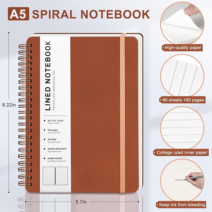 ABERLLS Lined Spiral Journal Notebook with 160 Pages, 8×5.7in, A5 Spiral Notebook, Journaling Notebooks for Work, School, Women, Men, College Ruled Spiral Notebook, Hardcover Leather Journals, Brown