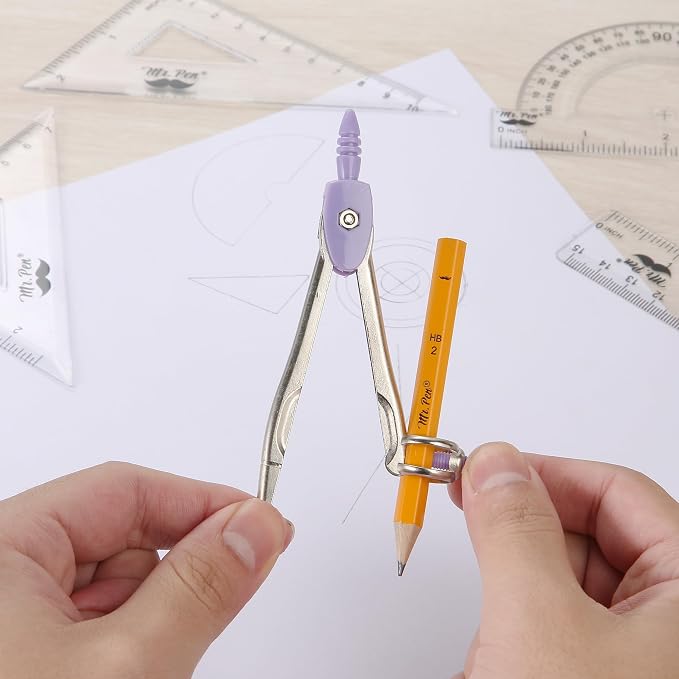 Mr. Pen- Geometry Set, 13 pcs, 3 Metal Compasses, Protractor, 6" Ruler | 45° & 30°/60° Set Squares, Pencils, Lead Refills, Sharpener & Eraser for Math, Drafting & Classroom Use | 45° & 30°/60° Set Squares, Pencils, Lead Refills, Sharpener & Eraser for ...