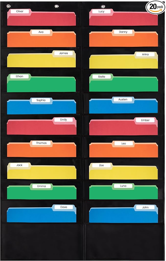 Essex Wares - 20 Pocket File Pocket Chart, Black, 28" Wide x 46" Tall - Versatile Wall Hanging File Folder Organizer for Classroom, Office, Home, and More - Wall Folder Organizer - 20 Pockets