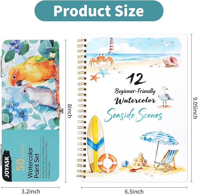 Watercolor Workbook Seaside, Water Coloring Book, 12 Different Patterns of Original DIY Designs, 50 Colors Watercolor Paint Set with Palette and Brush, Beginner-Friendly Watercolor Workbooks (Seaside)