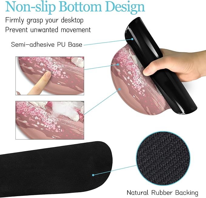 LIMKRIAN Anime Cat Mouse Pad with Wrist Rest, Pink Desk Mat Set for Women | Ergonomic Wrist Support, Gaming Mat Wrist Rest Computer Keyboard, Coaster, Cute Kawaii Office Desk Decor Accessories