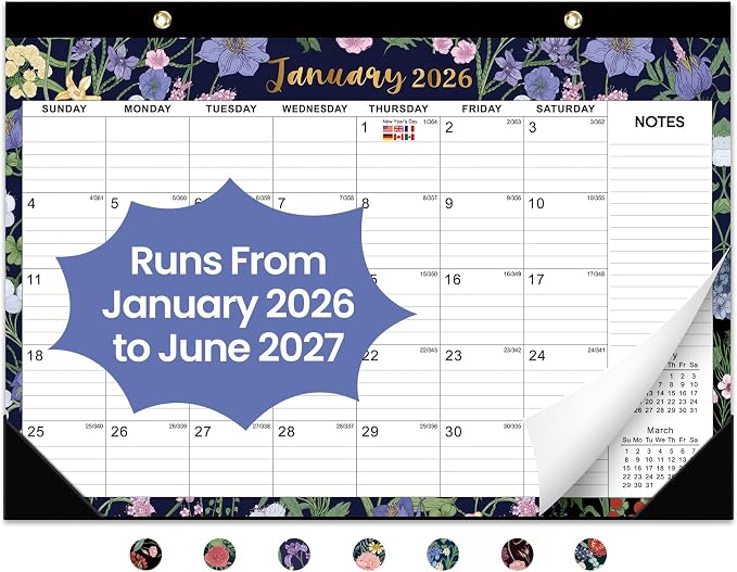 Desk Calendar 2026-2027, 18-Month Calendar, Large 17" x 12" Monthly Desktop & Wall Calendar for Home & Office - Midnight Garden