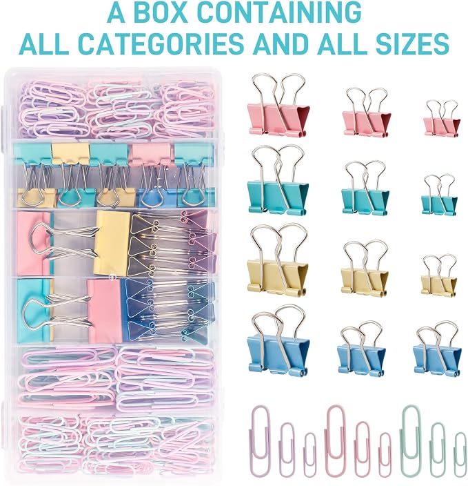 310PCS Colored Paper Clips and Binder Clips Set, Assorted Sizes Binder Clips with Paper Clips Large Medium Small, Office Supplies Stationery Kit for Home School Classroom Organization