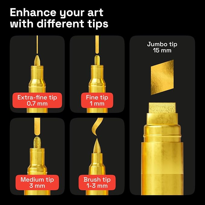 ARTISTRO Gold Paint Pens - Various Tips - Set of 5 | Acrylic Paint Markers, Water-Based, For Rock, Glass, Ceramic, Wood, Tire, Fabric, Metal, Canvas, Marking, Painting