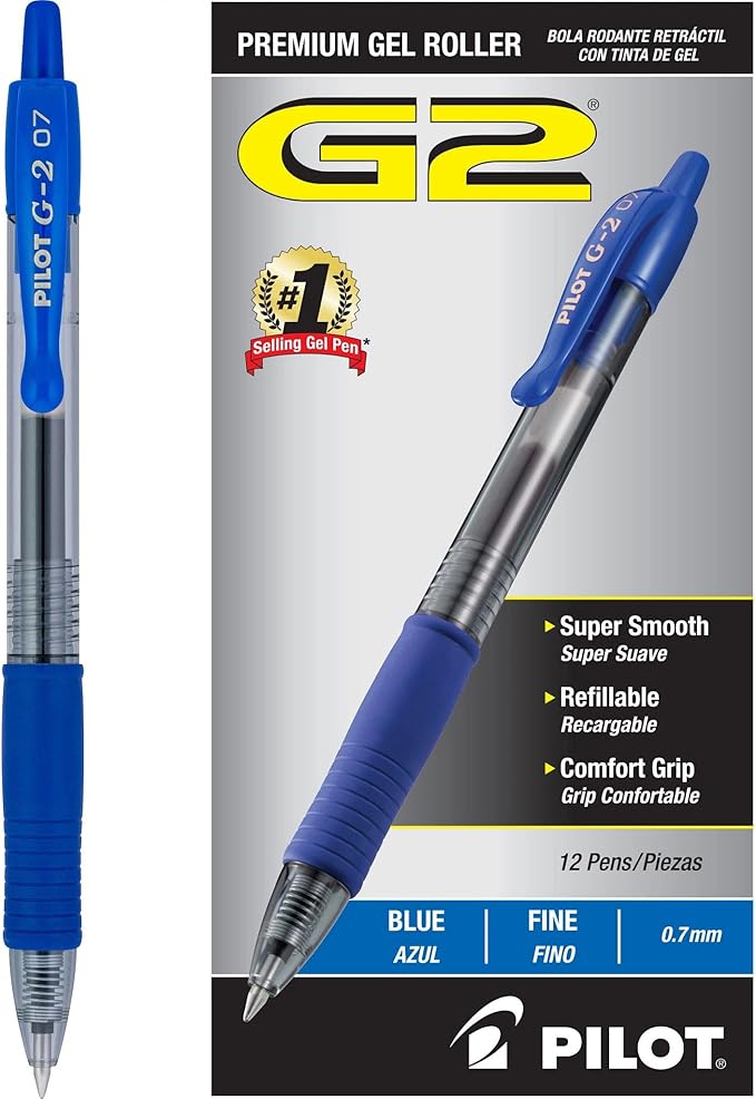 Pilot G2 Premium Gel Roller Pens, 0.7 mm, Blue Ink, Fine Point, Pack of 12 - Ideal for School, Journaling and Office Writing