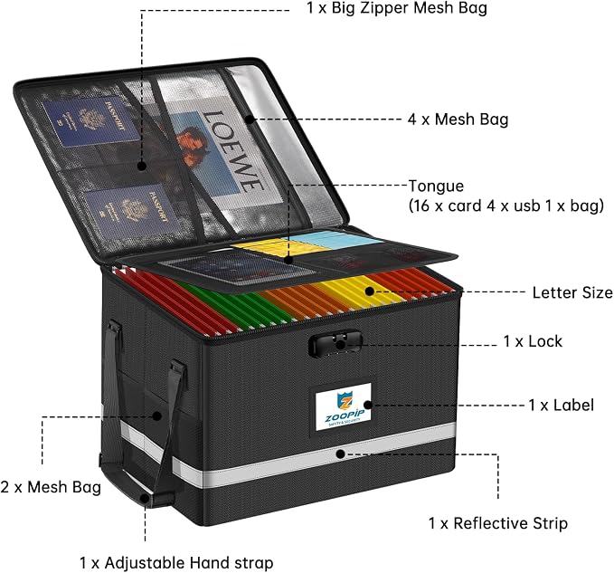 Fireproof File Box with Lock, 5200°F Document Box Storage Organizer, Suitable for Hanging File Folders in Letter Size, Collapsible Box, Reflective Strip for Fast Find (16.6*12.6*10.2, Black)