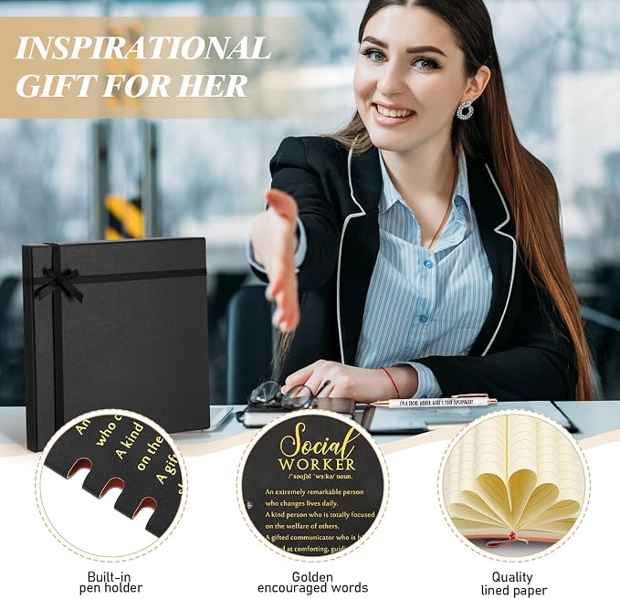 Resurhang 5 Pcs School Social Worker Must Haves Office Supplies Gift Leather Journal Notebook 3 Ballpoint Pens with Box Thank You Social Work Appreciation Gift for BSW MSW DSW(Black)