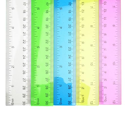 5 Pieces Transparent Clear Plastic Ruler, 12 inch (30cm) Ruler, Pack of 5, Clear Ruler, Plastic Ruler, Rulers for Kids, Measuring Tools, Ruler Set, Ruler inches and Centimeters (Clear)