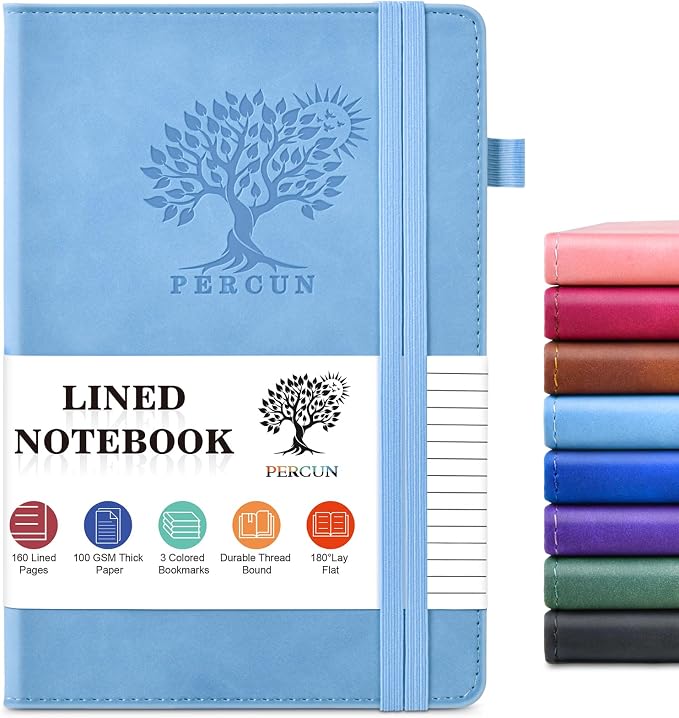 PERCUN A5 Leather Notebook Journal, 160 Lined Pages, 5.9" x 8.5" Blue | Leather Journal for Men Women, Hardcover Notebooks for work, school, business, travel diary, Note taking & Daily Journaling