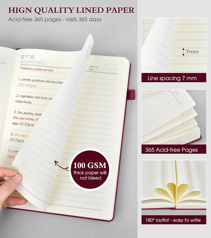 PERCUN B5 Lined Journal Notebook - 365 Page Large Leather Journals for Writing Women Men，Hardcover Notebook with 100Gsm Thick Pages，Daily Diary for Travel, Work，School，College Ruled (7.6" x 10.3")