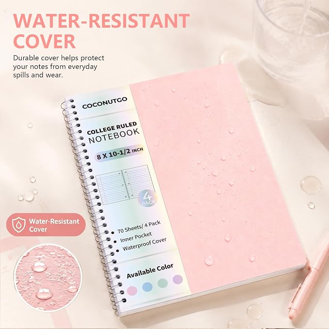 4 Pack Spiral Notebooks, 1 Subject College Ruled, 10.5 x 8 in, 70 Sheets Each, 3-Hole Punched Perforated Pages, Plastic Covers with Pockets, Silver Coil, Assorted Colors