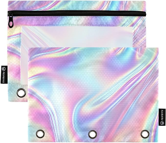 ALAZA Pencil Pouch for 3 Ring Binder, Holographic Rainbow Gradient Swirl Tie Dye Binder Pencil Pouches with Clear Window Zipper Pencil Case Cosmetic Bags for Office College Supplies, 2PCS