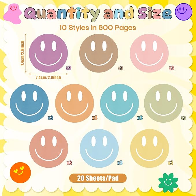 AgincBerry Boho Smile Face Sticky Notes - 30PCS Back to School Colorful Preppy Self-Stick Notes Mini Happy Smile Face Memo Pad Creative Shaped Notepad Writing Sticky Note Office Home Gift Tab Supplies