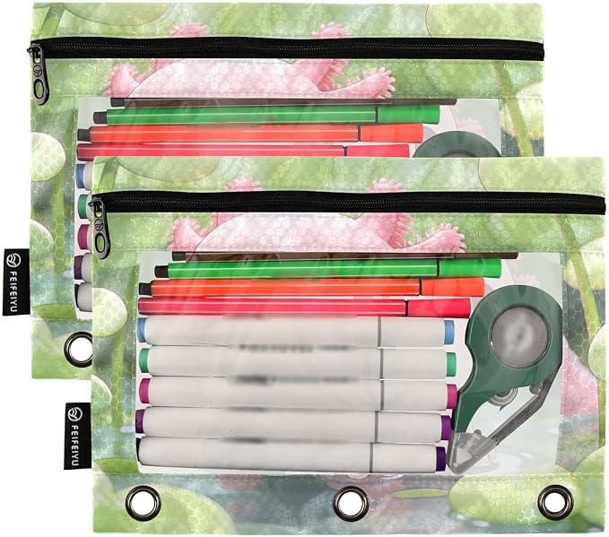 Cute Axolotl Pencil Pouches for 3 Ring Binder, Zipper Binder Pencil Case, 2 Pack Clear Window Case Bag for Office Organizers