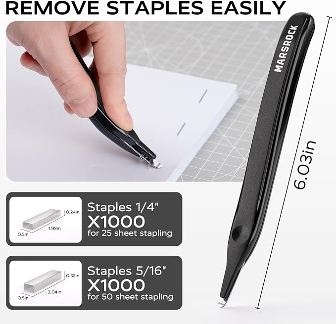 MARSROCK Effortless Stapler for Desk with 40-50 Sheet Capacity, 2000 Staples, 1-Touch Stapling, Ergonomic & Easy to Load Desktop Staplers, Heavy Duty Stapler, and Magnetic Staple Remover, Black