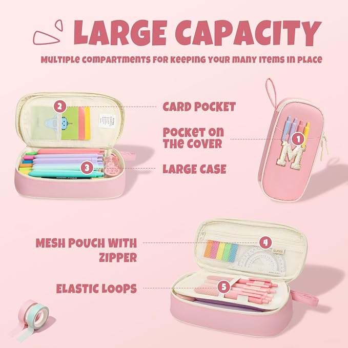 SUNEE Cute Pencil Case, Kawaii Big Capacity Pencil Pouch, Personalized Initial Pencil Bag with Zipper, Stationery Storage and Organizer, Back to School Supplies, Pen Box for Girls & Boys, Teen, M-Pink