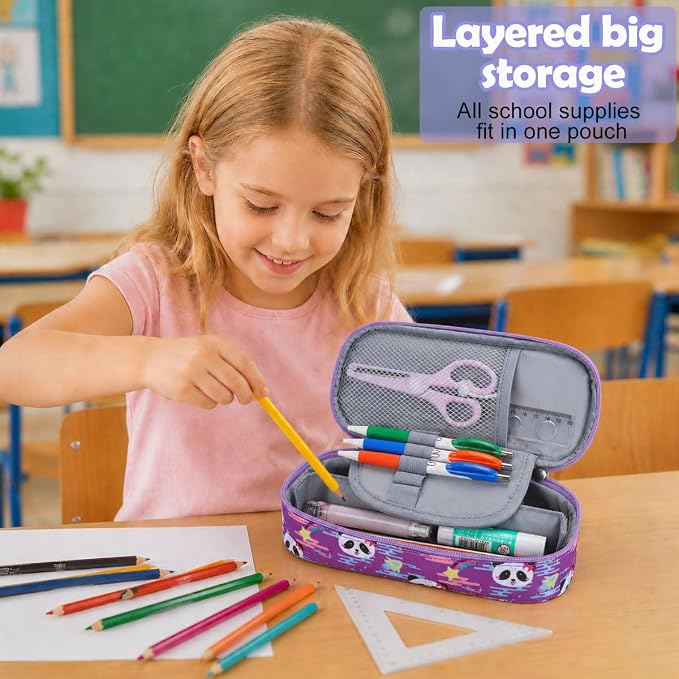 RHCPFOVR Kids Pencil Case for Girls-Soft Zipper Large Capacity Pencil Pouch for Girls Pencil Case for School Pencil Bag for Toddler (Purple-Panda)