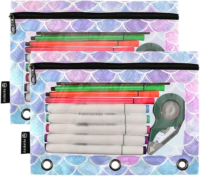 Gredecor Binder Pencil Pouch 3 Ring Magic Pink-Blue Mermaid Scales Zipper Pencil Pouches Case 2 Pack Clear Binder Organizer for School Office