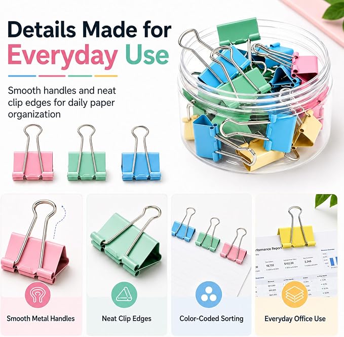 Binder Clips Assorted Sizes, Durable Metal Binder Clips for Office, Cute Desk Supplies for Teachers Student (60, Colorful)