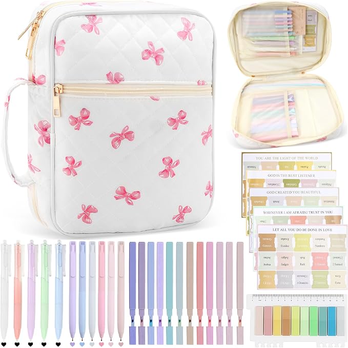 Bible Cover Case Study Supplies for Women Gifts Large Bible Cover with Highlighters Pens Tabs Cute Quilted Carrying Case Journal Kit Accessories Christian Gifts Sticky Notes C