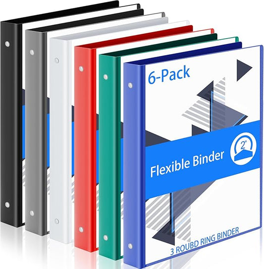 Fulmoon 6 Pack Plastic 3 Ring Binder Assorted Colors Economy Flexible Round Ring Presentation Binders with Pocket for Office School Meeting(2 Inch,Classic Colors)