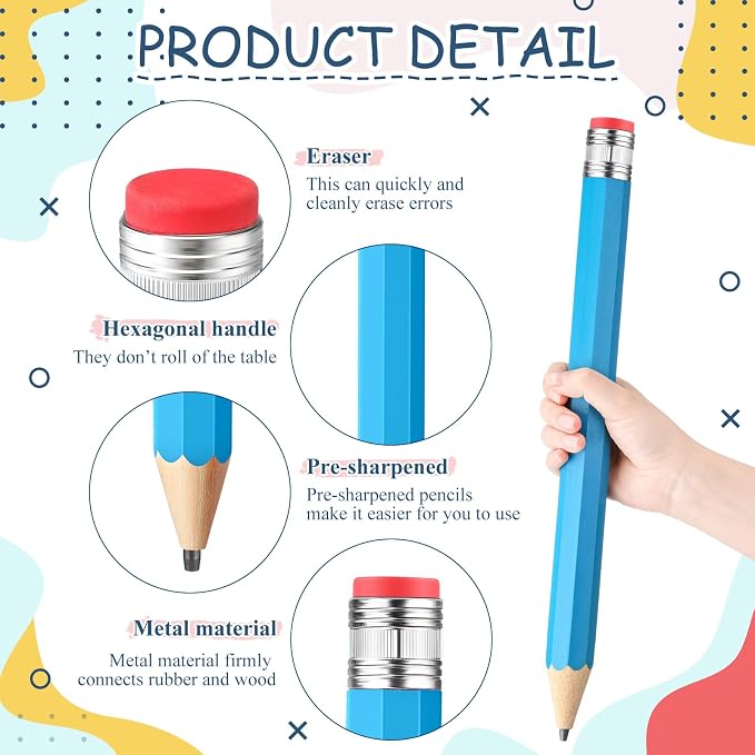 Back to School Gifts for Students 2 Pcs 16 Inch Giant Pencils Wooden Jumbo Pencils Prop Decor Funny with Cap Eraser Large Fun Novelty Gifts for Kids School Kindergarten Home Office(Blue)