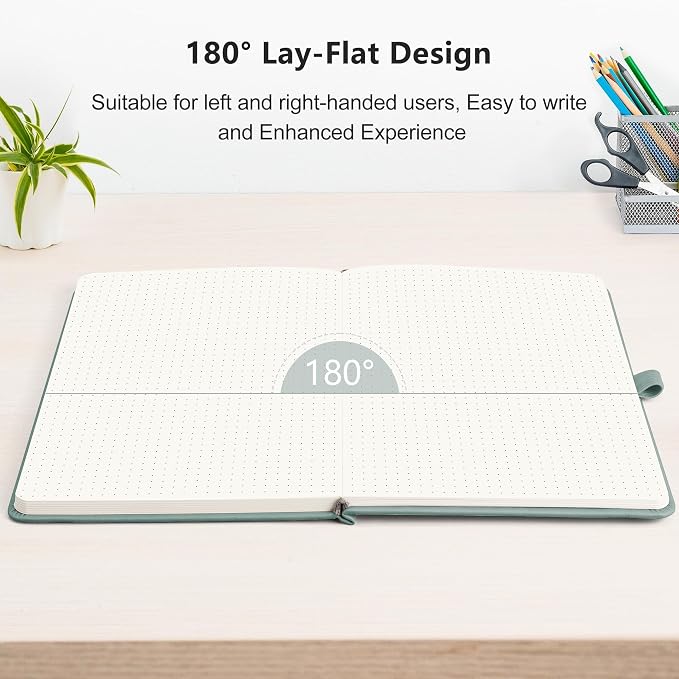 RETTACY Dotted Journal Notebook, 192 Pages, A5 Medium Size (5.7'' x 8.3'') | Leather Hardcover, 100 GSM Thick Paper, for Journaling, Planning, Tracking (Blue-gray)