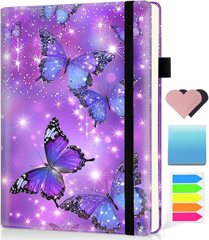 Hardcover Executive Notebooks, A5 PU Leather Lined Journal Notebook, 200 Pages Thick Paper Subject Notebooks for School,Work,Home Writing Business Notebook，Blue Butterfly Purple Background