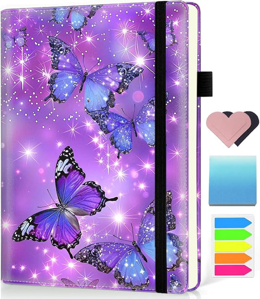 Hardcover Executive Notebooks, A5 PU Leather Lined Journal Notebook, 200 Pages Thick Paper Subject Notebooks for School,Work,Home Writing Business Notebook，Blue Butterfly Purple Background