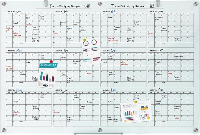 Large Glass Dry Ease Calendar for Wall, 72 x 48 Inches Magnetic Glass Yearly Calendar Whiteboard, 6' x 4' Frameless Planner Board for Office, Home, School