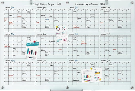 Large Glass Dry Ease Calendar for Wall, 72 x 48 Inches Magnetic Glass Yearly Calendar Whiteboard, 6' x 4' Frameless Planner Board for Office, Home, School