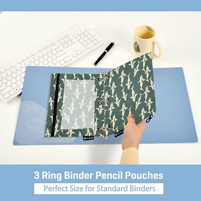 Binder Pencil Pouches, Sharks White Silhouette Pattern Pencil Case with Clear Window 3 Rings Pen Case Holder School Office Supplies Cosmetic Makeup Bag