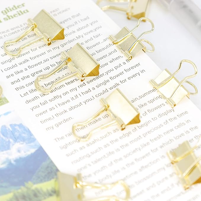 Gold Binder Clips, Mini Paper Clip, Small Paper Clamps 15mm (5/8 inch), 100 Pack Micro Size Office Clips for Home School and Business (Gold)