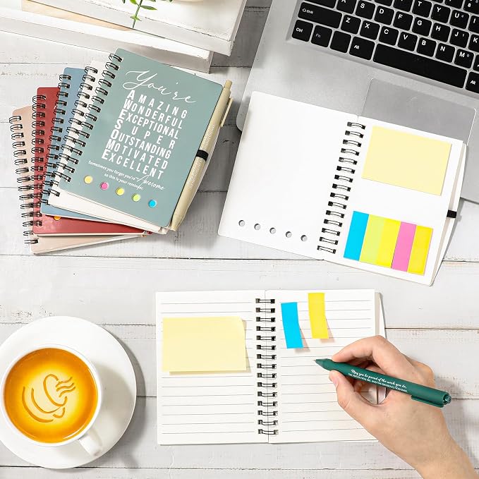 Jetec 100 Pcs/50 Sets Back to School Teacher Gifts Motivational Spiral Notebook with Sticky Notes Pen Bulk Inspirational Journals Thank You Gift for Employee Coworker Birthday Party (Earth Tone)