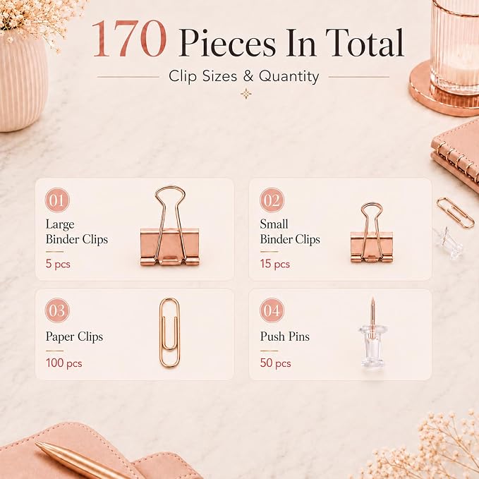 Cute Paper Clips Binder Clips Combo Set, 165 Psc, Assorted Size Paper Clips for Office, Cute Office Supplies Set, Rose-Gold
