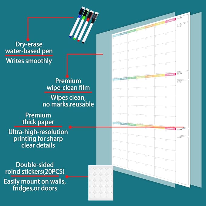 Dry Erase Calendar for Wall 24x36in Undated 3 Month Celendar with 4 Markers | Colorful Layout Reusable PET Erasable Surface, Large 3-Month View, Easy to Write and Wipe Clean