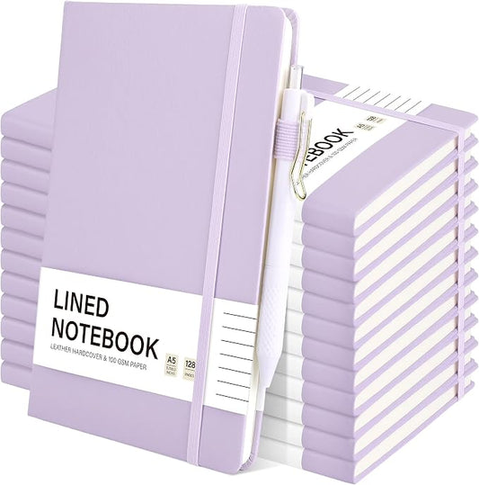 Aodaer 12 Set Lined Notebook Journals with Pens A5 Notebooks 100 GSM College Ruled Hardcover Notebook PU Leather Notepad with Pen Holder for Office School, 5.7 x 8.3 Inches, Lavender
