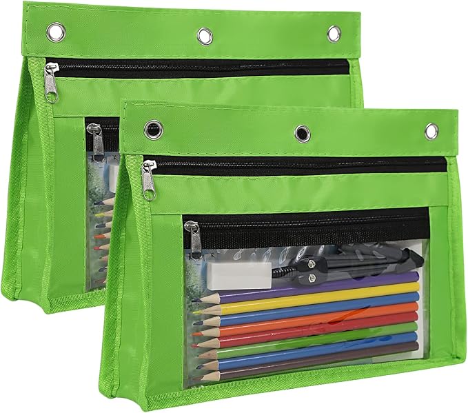 YoeeJob 2 Pack 1 Inch Expandable Zipper Pencil Pouches with Clear Window for 3 Ring Binder, Suitable for School & Office（Green）