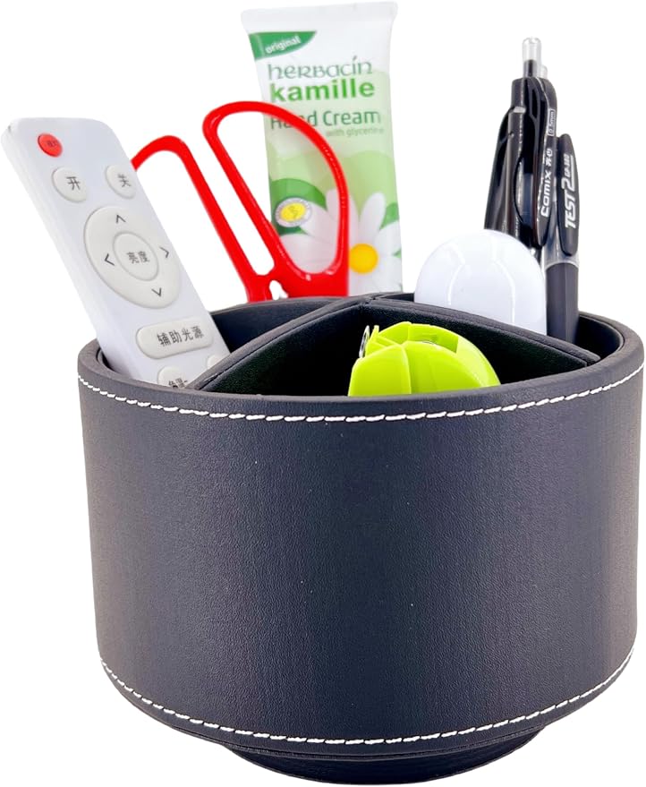 PU Leather Round TV Remote Control Holder for Table,360° Swivel Office Supply Desktop Organizer,4 Compartments Phone/Pen/Pencil Holder,Suitable for Stationery/Heater Controllers Etc (Black)