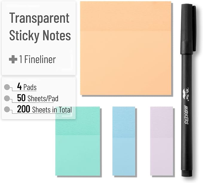 Mr. Pen- Transparent Sticky Notes Set, 200 Sheets | Transparent Sticky Notes and Planner Tabs with Black Fineliner Pen for Bible Study, Office, School, Planning