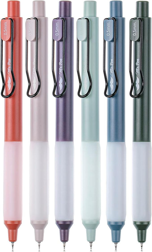 Mr. Pen- Retractable Gel Pens, 6 Pack, Black Ink, Vintage Barrels | Fine Point 0.5 mm, Fast Dry, Smooth Writing, Cute Pens for Drawing, Writing Planner and School Supplies
