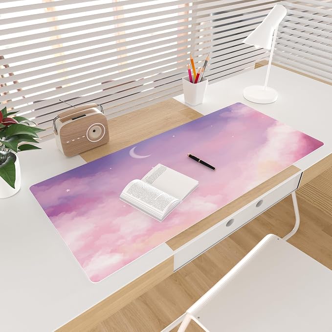 Colorful Star Pink Purple Cute Waterproof Desk Mat, 31.5" x 11.8" | Large Office Mouse Pad for Girls Women, Non-Slip Computer Gaming Keyboard Mat, Desk Accessories Décor for Work