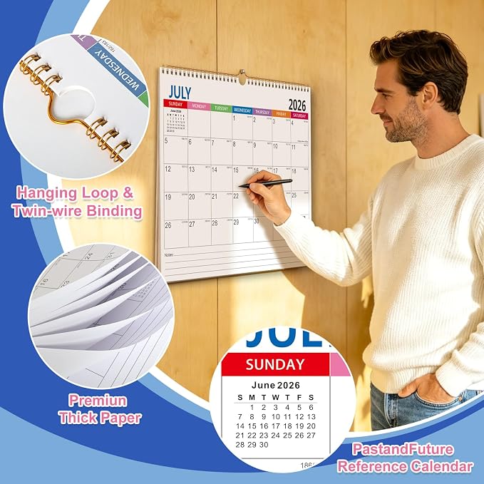 Wall Calendar 2026-2027 (June 2026 - December 2027) - 18 Month Large Hanging Calendar 11 x 8.5 Inches, Monthly Planner with Ruled Blocks, Thick Paper, Holidays, To-Do List & Notes for Home, Office, Classroom