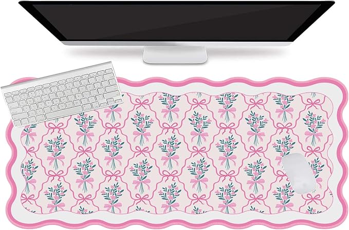 L-SPOUTTO Pink Mouse Pad,Cute Desk Mat XXL Large Scalloped Gaming Mousepad,35.4x15.7in Non-Slip Rubber Base Keyboard Pad Waterproof Girly Desktop Mat for Laptop Computer Game Home Office-Flower Bow