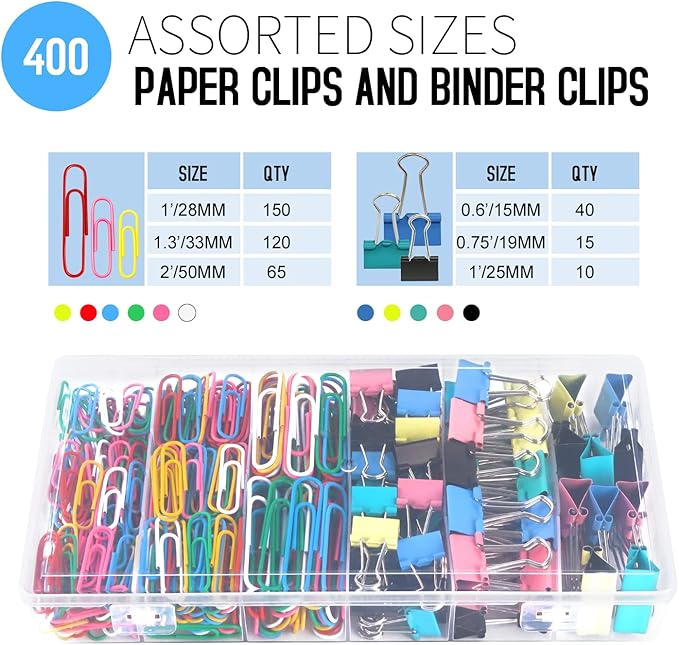 Paper Clips Binder Clips, 400 Pcs Colored Office Clips Set, Assorted Sizes Colored Paper Clips and Binder Clips Set Great for Document Organizing | Assorted Sizes Colored Paper Clips and Binder Clips Set Great for Document Organizing