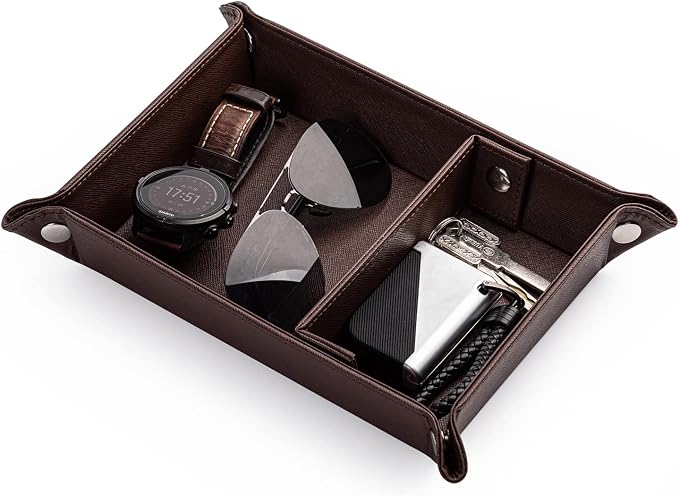 Valet Tray for Men PU Leather Tray Organizer with Partition Luxurious | Night Stand During Trays Storage Keys, Watch & Practical Storage for Table Nightstand Living Room Bedroom (Dark Brown)