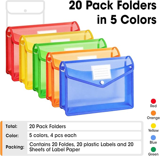 AZEN 20 Pack Plastic Expanding File Folder, Plastic Envelopes with Snap Closure for Documents, Accordion Folder Organizer for File Folder, No Dividers, Fit Letter/A4 Size