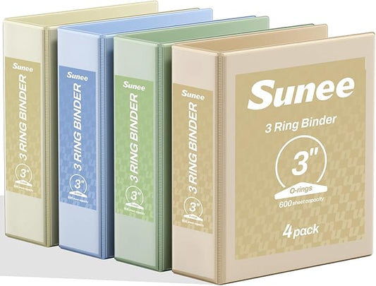 SUNEE 3 Ring Binder 3 Inch 4 Pack, Clear View Binder Three Ring PVC-Free (Fit 8.5x11 Inches) for School or Office Supplies, Neutral Aesthetic