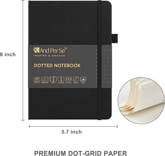 &And Per Se Dotted Journal Kit, A5 Hardcover Dot Grid Journal Notebook Set for Beginners with Journaling Supplies Stencils, Stickers, Washi Tapes & Colored Pens Accessories (Black)
